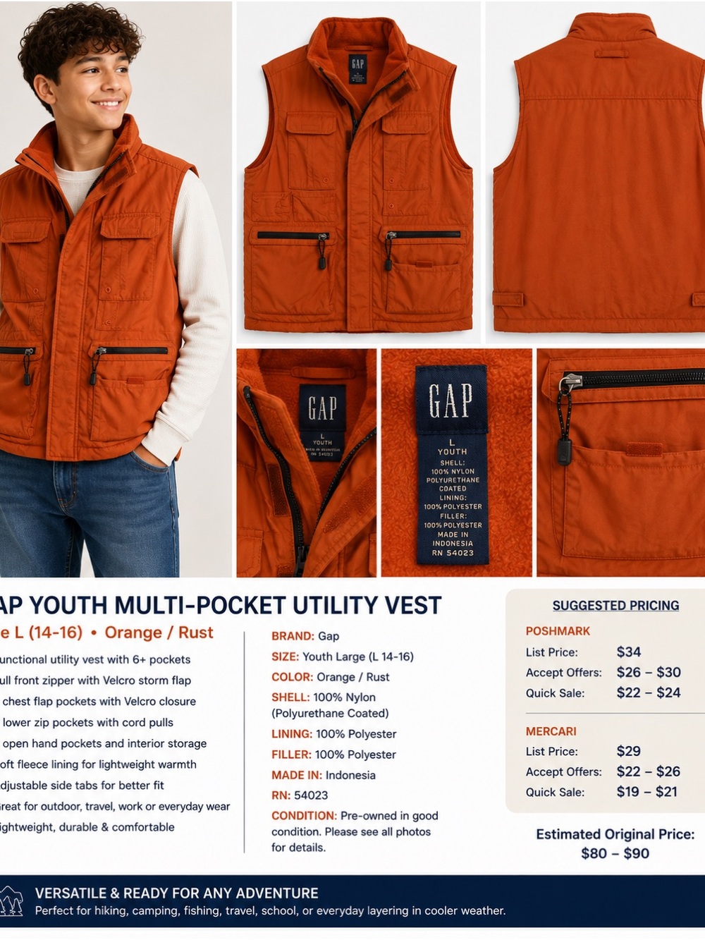 GAP Kids Youth L Rust Orange Utility Cargo Vest Multi Pocket Fleece Lined